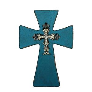 Rustic Distress Embellished Western Turquoise Faux Wood Cross Wall Decor